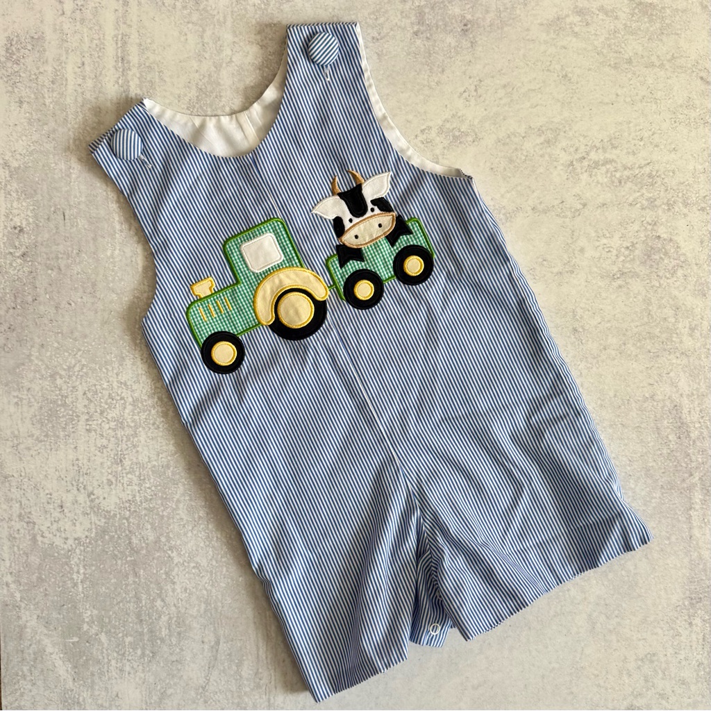 Striped Blue Kids One Piece With Tractor Design